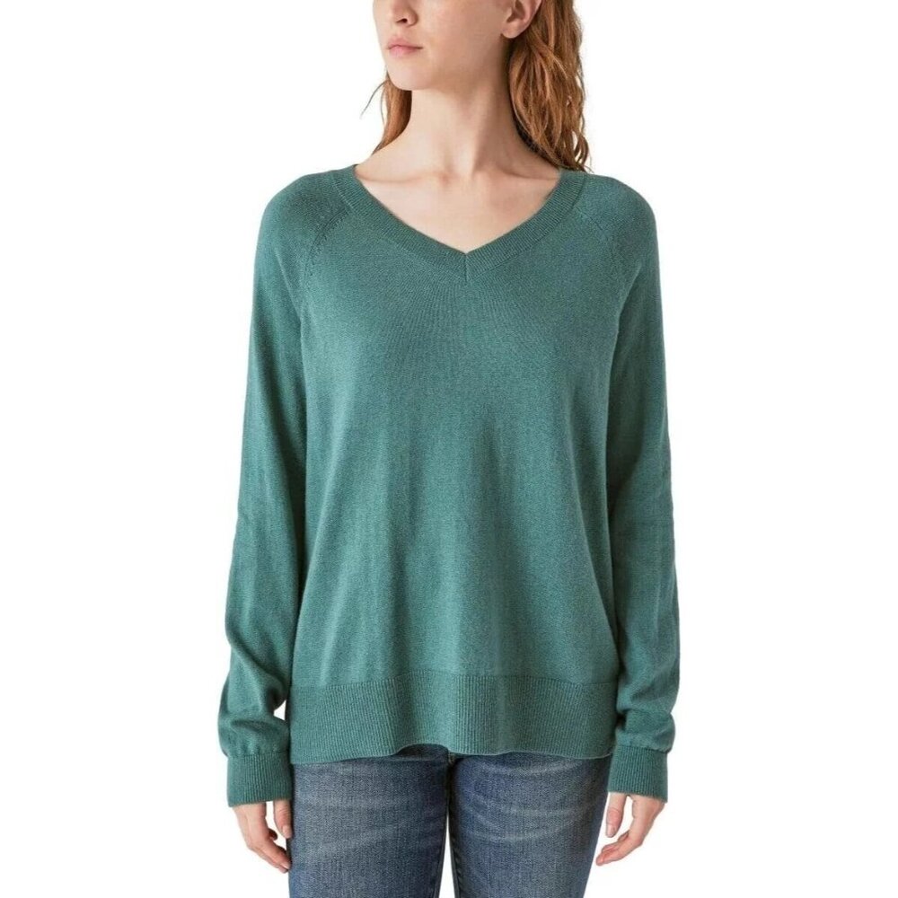 Lucky Brand Womens Lg V-Neck Sweater Long Sleeve Pullover Shirt Lightweight Top